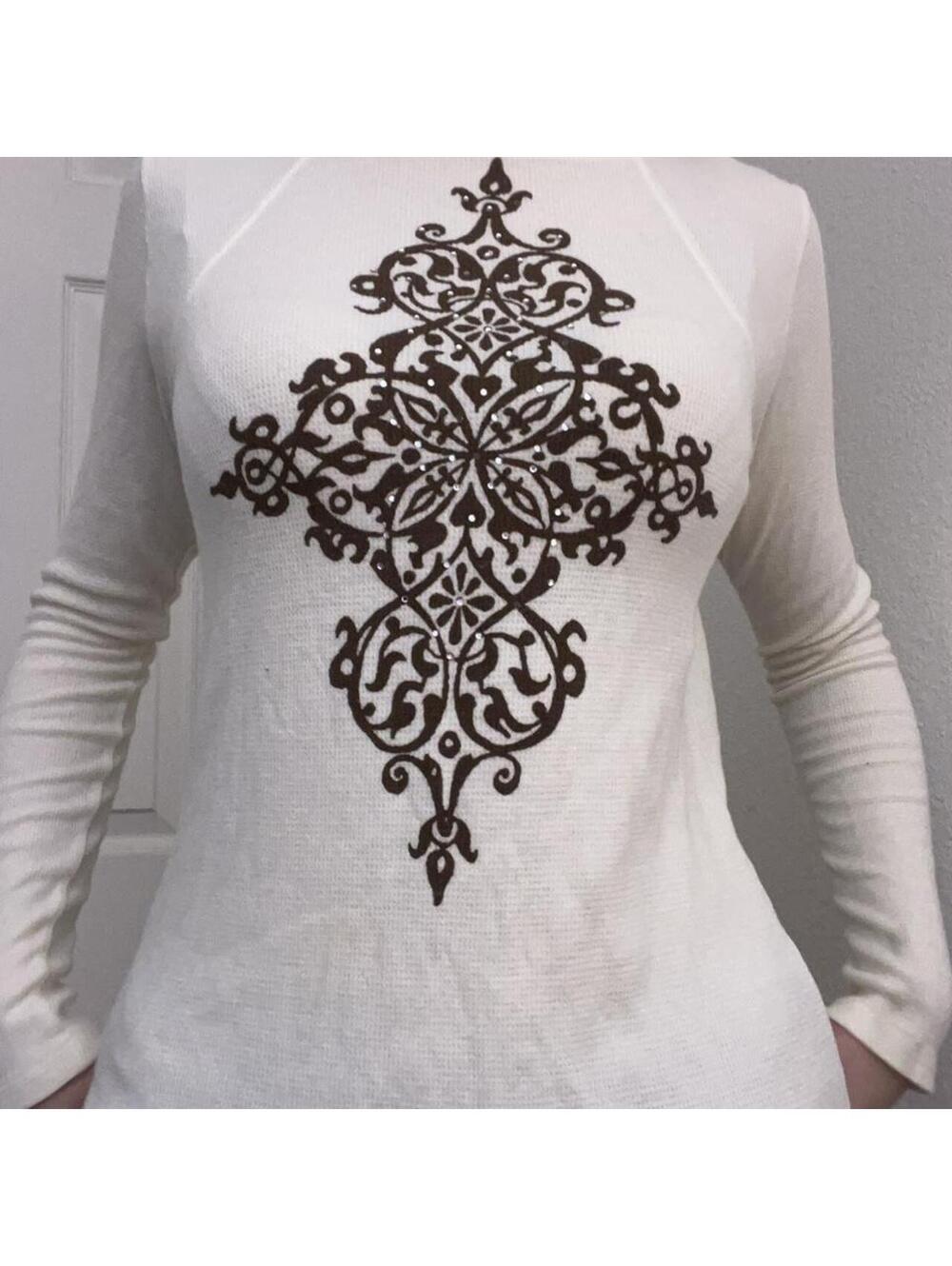 fitted henley with brown ornate cross